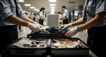 Dos oficiales de aduanas con uniforme y guantes blancos revisan una maleta de viaje abierta sobre una mesa de inspección en un aeropuerto.