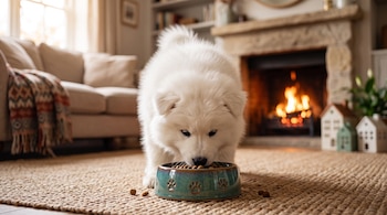 Un cachorro blanco de pelaje esponjoso come de un plato cerámico azul en una sala con alfombra, sofá y chimenea encendida.