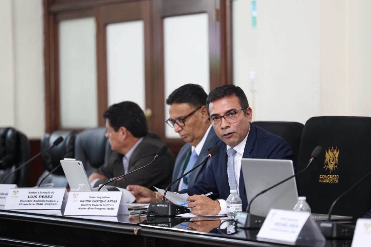 Una pantalla digital expone la propuesta de fortalecimiento institucional y ampliación presupuestaria del Instituto Nacional de Bosques de Guatemala para el año 2027. (INAB Guatemala)