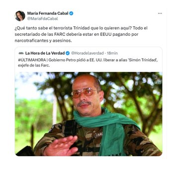 Con esta publicación, la senadora María Fernanda Cabal cuestionó la decisión del Gobierno Petro de pedir indulto para el exmiembro de las Farc alias Simón Trinidad - crédito @mariafdacabal/X