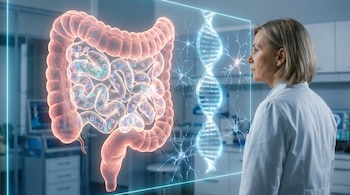 Mujer con bata blanca observa una pantalla holográfica con un intestino humano ampliado, células, una doble hélice de ADN y conexiones genéticas luminosas.