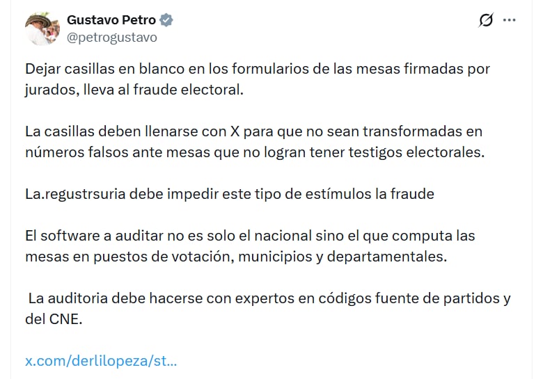 El presidente alertó presunto fraude en las elecciones, de llegar a dejar en blanco las casillas de los formularios E-14 - crédito @petrogustavo/X