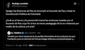 Rodrigo Londoño, alias Timochenko, afirmó que apagar las emisoras de paz incumple el Acuerdo de Paz y vulnera la Constitución de Colombia - crédito X