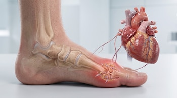 Pie desnudo con vista transparente de los huesos, articulación del dedo gordo inflamada con depósitos cristalinos, y un modelo anatómico de corazón conectado por nervios