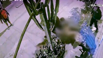 Captura de cámara de seguridad nocturna que muestra una calle, dos hombres de pie y una zona central borrosa junto a plantas