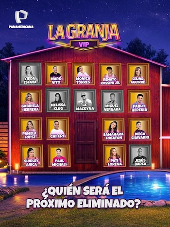 Imagem do celeiro vermelho com 16 imagens dos competidores da 'La Granja VIP', logo da Panamericana e piscina. Texto: 'Quem será eliminado a seguir?'