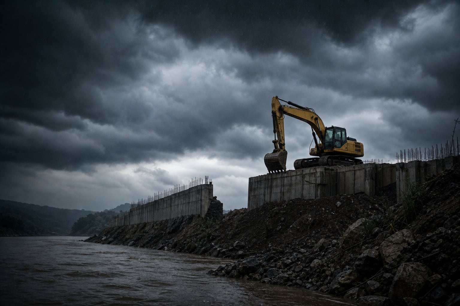 Una excavadora permanece detenida sobre un muro de contención inacabado junto a un río ante la proximidad de lluvias. (Imagen Ilustrativa Infobae)