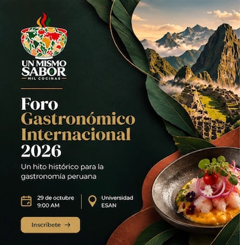 Afiche con texto sobre un fondo oscuro, acompañado por una vista de Machu Picchu y un plato de comida marina decorado con flores y cebolla