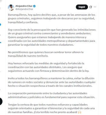 El alcalde Alejandro Char informó sobre el reforzamiento de la seguridad en Barranquilla - crédito @AlejandroChar/X