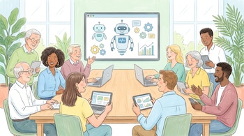 Ilustración de un grupo diverso de personas colaborando en una mesa con laptops, tablets, móviles y una pantalla que muestra dos robots, engranajes y gráficas.