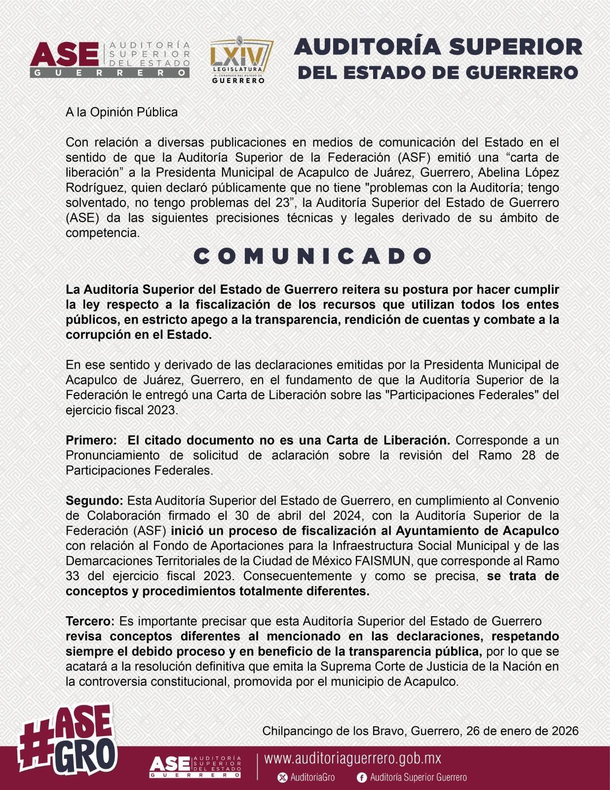 La Auditoría Superior del Estado de Guerrero aclaró que no existe carta de liberación para la alcaldesa de Acapulco.