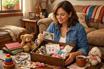 Mujer en camisa de mezclilla sostiene foto en blanco y negro, con caja de recuerdos, libros, peluches y una taza de café sobre una mesa de madera.