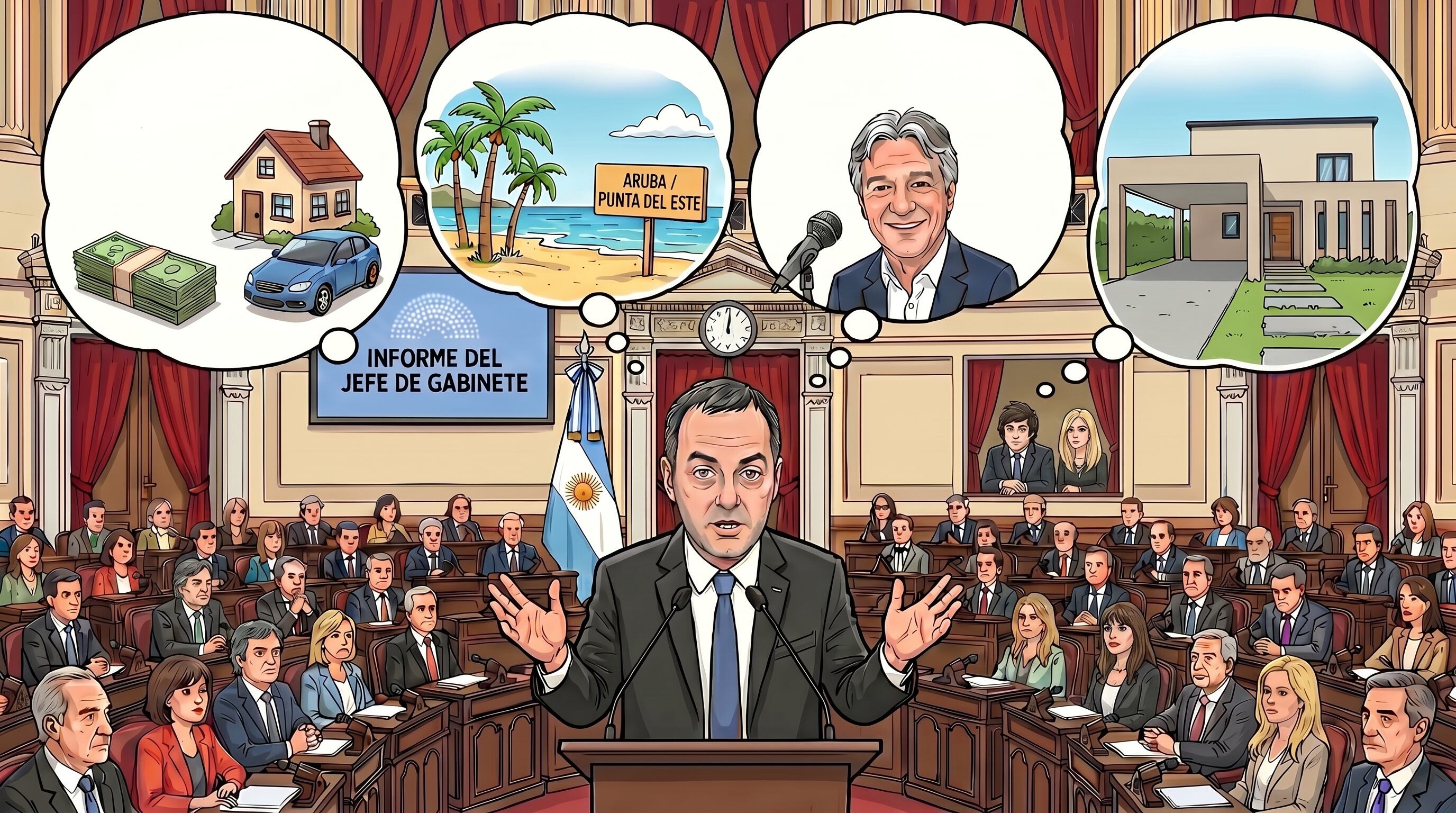 Adorni contestó preguntas sobre su patrimonio en la previa de su presentación en el COngreso (Imagen generada con IA)