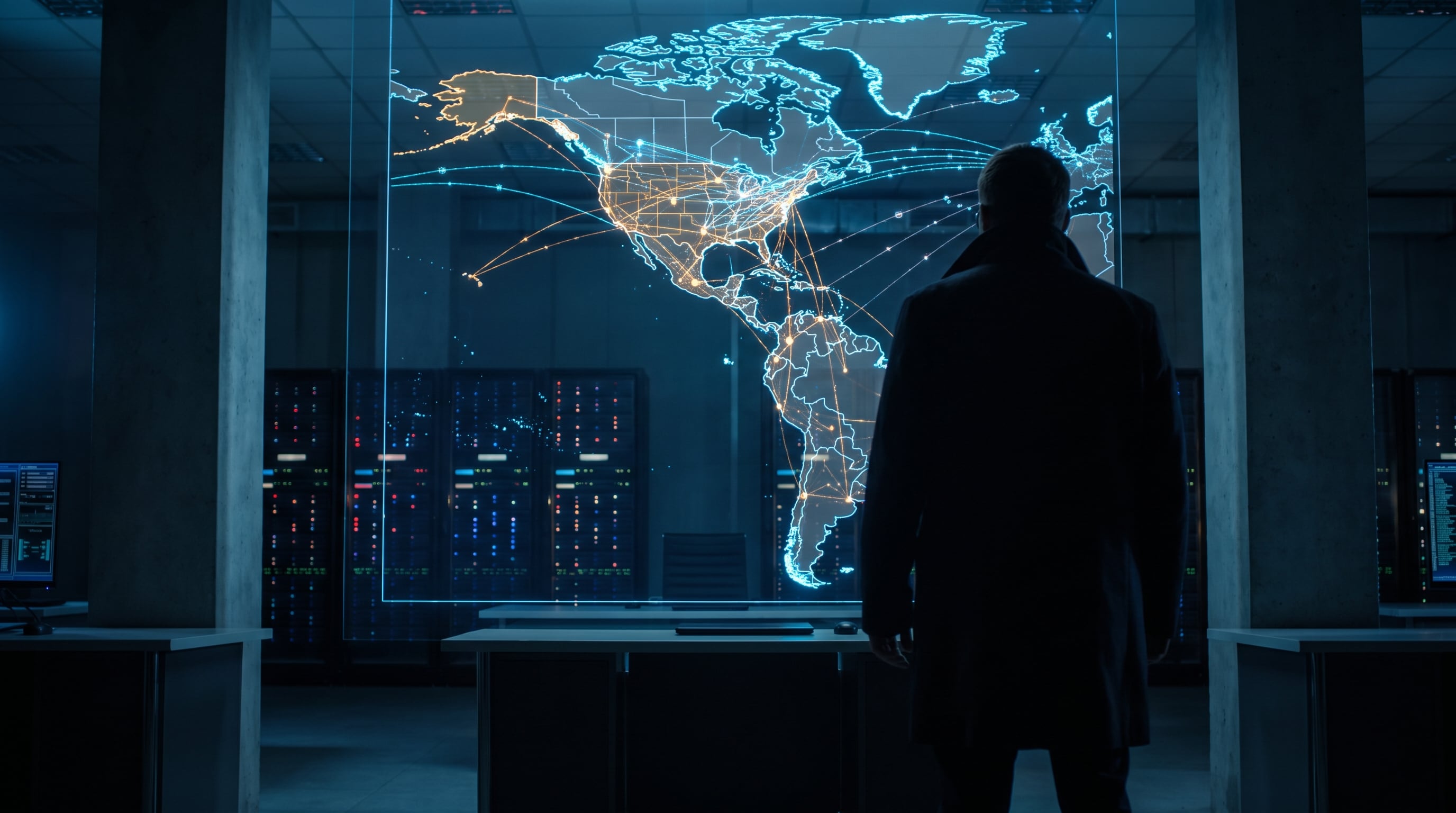 Un analista observa en un centro de datos el mapa digital de conexiones de red del continente americano. (Imagen Ilustrativa Infobae)