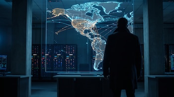 Silueta de una persona frente a una pantalla interactiva con el mapa del continente americano y conexiones digitales en una sala de servidores.