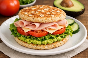 Sándwich de pan de avena en un plato blanco, relleno de jamón de pavo, queso, rodajas de tomate, lechuga y aguacate untado. Al fondo, un tomate y un aguacate cortado.