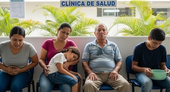 Cuatro personas, incluyendo una mujer, una niña, un hombre mayor con termómetro y un adolescente con un recipiente, esperan en la sala de una clínica de salud.