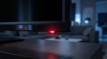 Borde inferior de un televisor negro con un diodo LED rojo encendido sobre una superficie de madera oscura.
