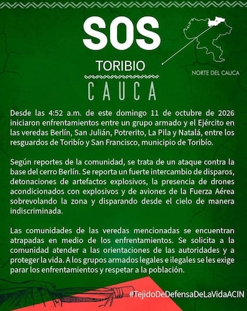 El Consejo Regional Indígena del Cauca reportó combates paralelos en veredas del municipio de Toribío - crédito @CRIC_Cauca / X