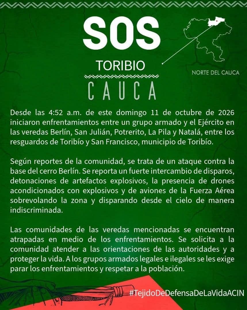 El Consejo Regional Indígena del Cauca reportó combates paralelos en veredas del municipio de Toribío - crédito @CRIC_Cauca / X
