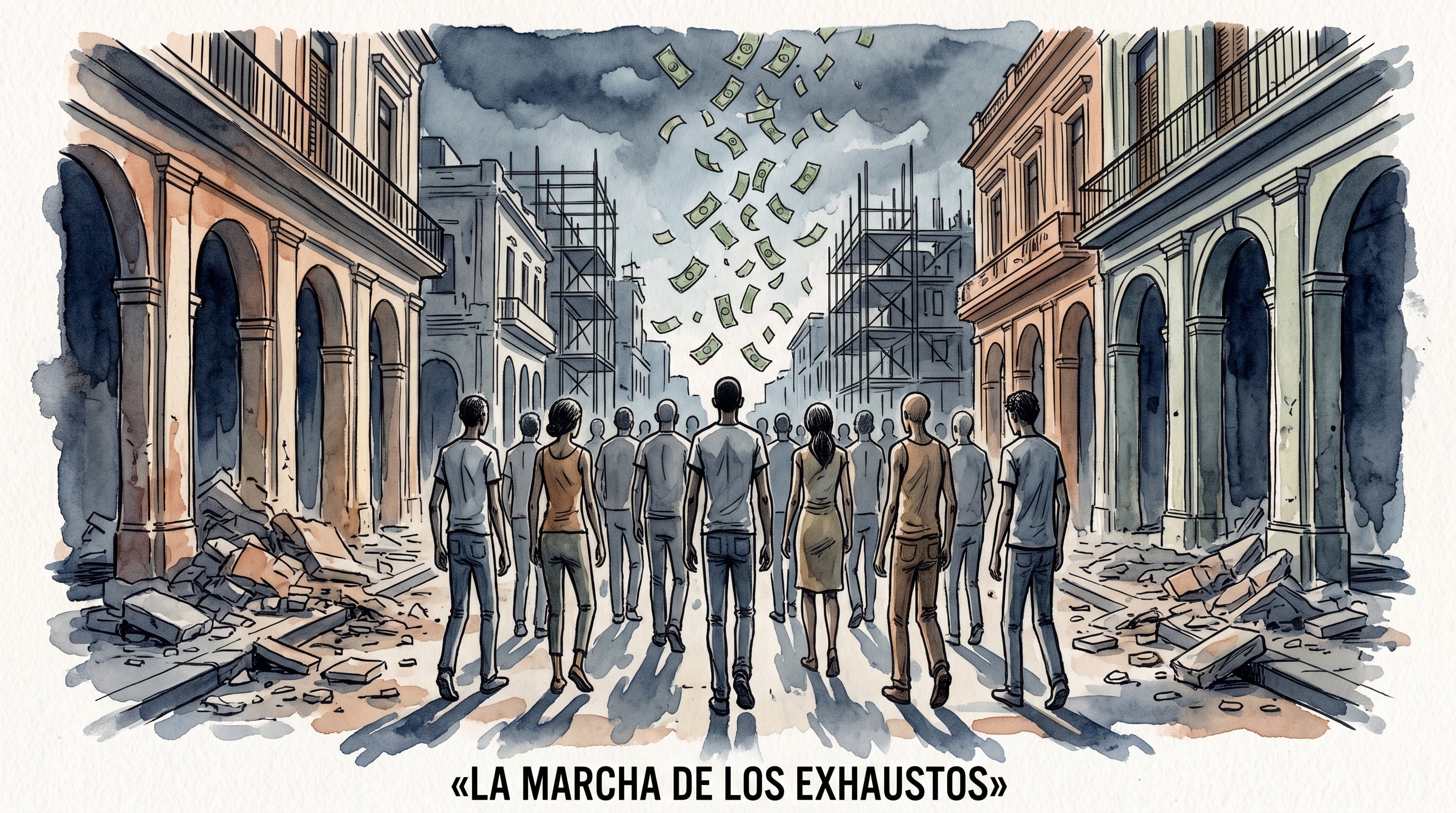 Un grupo de personas camina entre los escombros de edificios coloniales en La Habana Vieja mientras caen billetes desde el cielo. (Imagen Ilustrativa Infobae)
