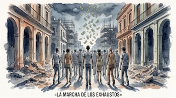 Personas caminan de espaldas en una calle en ruinas con arcos coloniales mientras caen billetes y aparece el texto La marcha de los exhaustos.