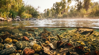 Arroyo de montaña con vista a medio sumergir. Se aprecian insectos acuáticos, rocas y hojas en el lecho; arriba, vegetación ribereña y una leve bruma.