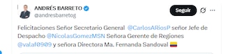 El abogado Andrés Barreto felicitó a los integrantes del Gobierno entrante de Abelardo de la Espriella - crédito @andresbarretog/X