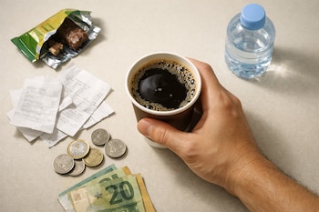 Una mano sostiene un vaso de café. Sobre el escritorio hay recibos de papel, monedas, billetes de euro, un paquete de snack abierto y una botella de agua.
