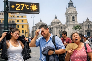Cartel digital con 27 grados Celsius y sol. Personas sudan en Lima: una mujer se quita el abrigo, un hombre se seca la frente, una mujer se abanica.