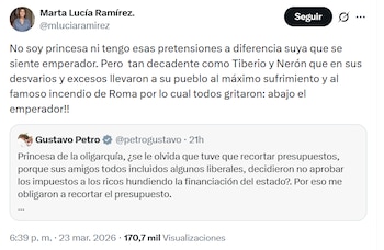 La exvicepresidenta de la República en el Gobierno de Iván Duque aseguró que no se considera ni pretende ser una princesa - crédito @mluciaramirez/X