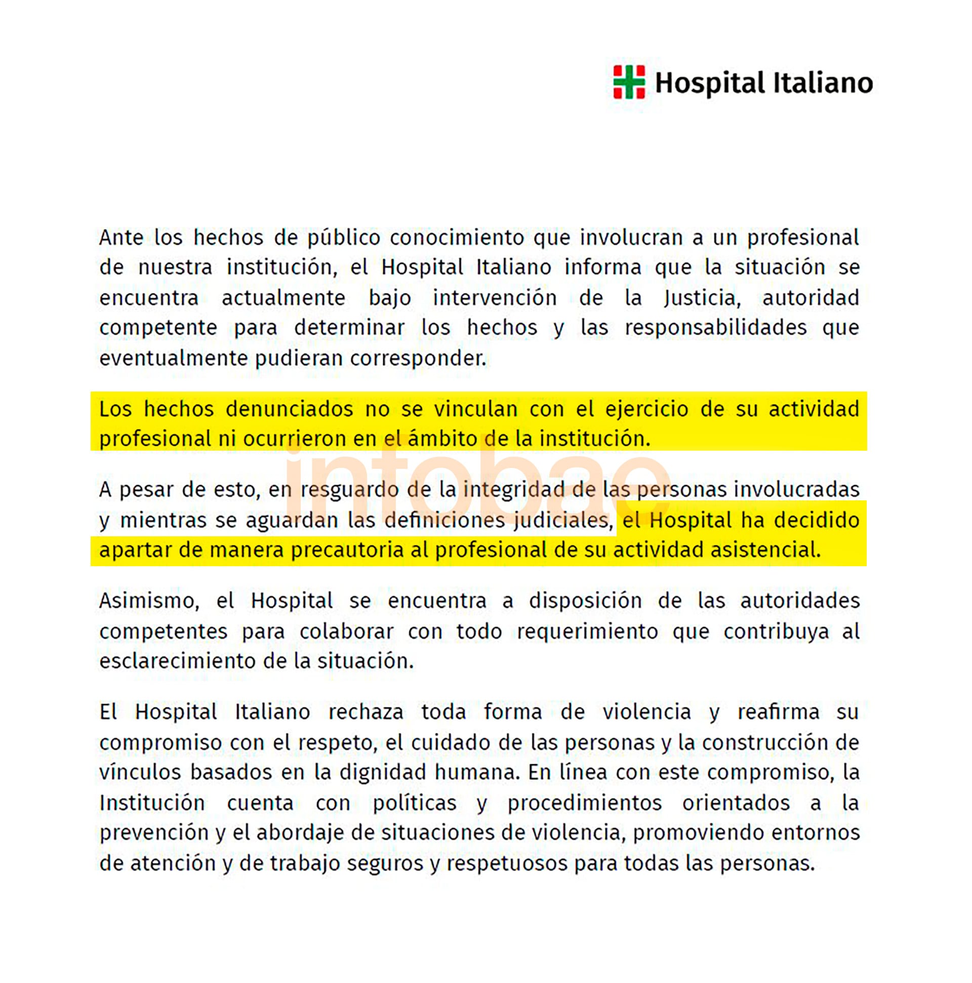 Desde el Hospital Italiano informaron que “mientras se aguardan las definiciones judiciales”, decidieron apartar de manera precautoria a Mazzini de su actividad