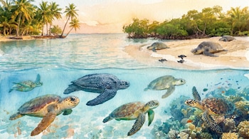 Ilustración de acuarela de un paisaje oceánico tropical con palmeras y manglares. Tortugas marinas en la arena y nadando bajo el agua junto a corales y peces.