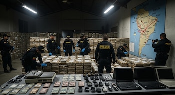 Oficiales de policía colombianos en un almacén oscuro con pilas de paquetes de drogas. Una mesa con dinero, balanzas, teléfonos y laptops. Un mapa de Sudamérica en la pared.