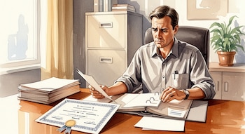 Ilustración acuarela de un hombre en oficina, sentado en un escritorio revisando documentos, con un diploma académico estilizado a la izquierda. Hay archivadores detrás.
