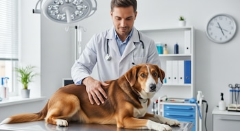 Un veterinario hombre con guardapolvo blanco examina suavemente a un perro de pelaje marrón y blanco sobre una mesa de exploración plateada en una clínica veterinaria.