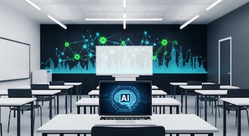 Fotografía conceptual de un aula moderna vacía con pupitres y pizarras; en primer plano, una laptop encendida muestra un icono de cerebro IA azul.