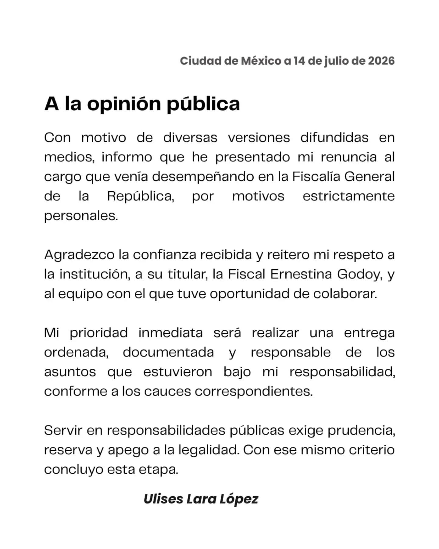 Mensaje de Lara en su página oficial de Facebook. Crédito: Ulises Lara