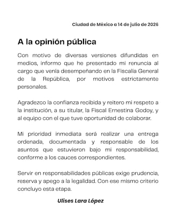 Mensaje de Lara en su página oficial de Facebook. Crédito: Ulises Lara