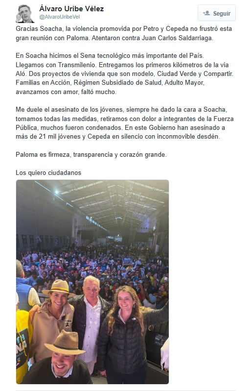 Álvaro Uribe Vélez se pronunció en su cuenta de X tras los incidentes ocurridos durante el evento del Centro Democrático en Soacha, asegurando que la reunión política se realizó pese a los actos de violencia - crédito red social X