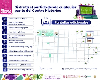 Infografía con mapa del Centro Histórico, listado de 12 ubicaciones de pantallas públicas, texto informativo y logotipos gubernamentales