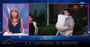 Juan Víctor sale de comisaría mientras Andrea San Martín sigue detenida. Captura: Magaly TV La Firme.