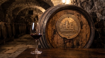 Una copa con vino tinto sobre una mesa de madera frente a una barrica con medallón grabado, dentro de una cava de piedra.