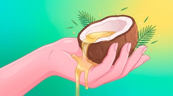Una mano rosada abierta, medio coco partido con aceite dorado que fluye sobre la piel, hojas de palmera, partículas brillantes y un fondo degradado.