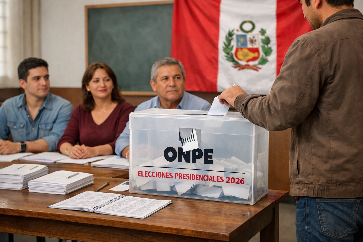 Una persona deposita su voto en una urna de la ONPE ante la mirada de los miembros de mesa durante las elecciones presidenciales de Perú 2026. (Imagen Ilustrativa Infobae)