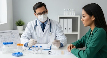Un médico con bata blanca, mascarilla y guantes, examina hojas de laboratorio y viales de Lupus junto a una paciente atenta. La mesa tiene tubos de ensayo y documentos médicos.