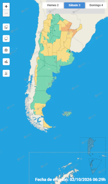 Mapa de Argentina dividido en regiones de color verde, amarillo y naranja con controles e iconos meteorológicos en la pantalla