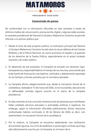Gustavo Matamoros Camacho difundió un comunicado público donde abordó los señalamientos en detalle, recalcando su compromiso con la legalidad en la gestión financiera y contractual - crédito campaña Gustavo Matamoros