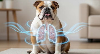 Un bulldog inglés sentado con la lengua fuera, mostrando pulmones y vías aéreas transparentes superpuestas, rodeado de líneas de aire azules en casa.