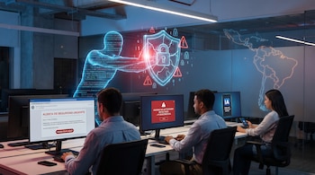 Tres personas trabajan ante pantallas con alertas de seguridad junto a una figura digital, un escudo con candado y el mapa de América Latina.